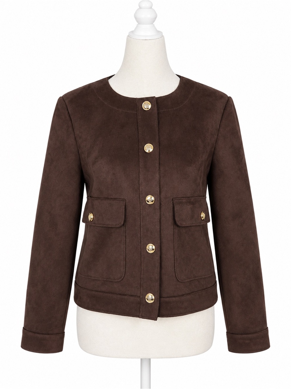 Catherine Malandrino XS Brown Faux Suede Jacket Gold Buttons Quiet Luxury